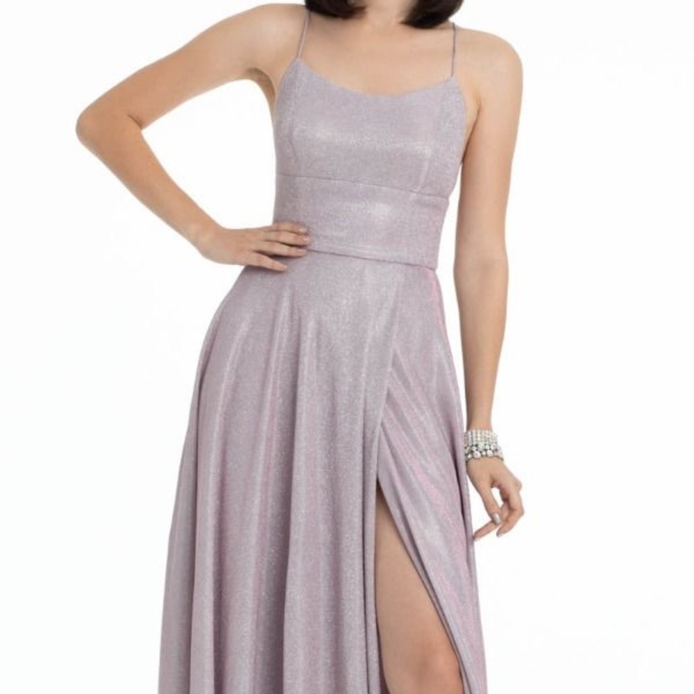 Rose gold metallic lace up back prom dress